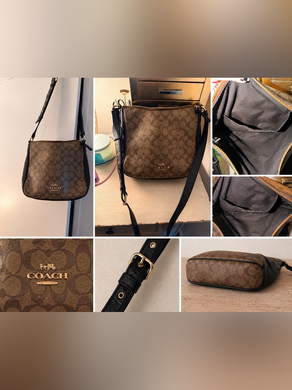 Coach Brown Signature Crossbody with Black Strap and Gold Hardware